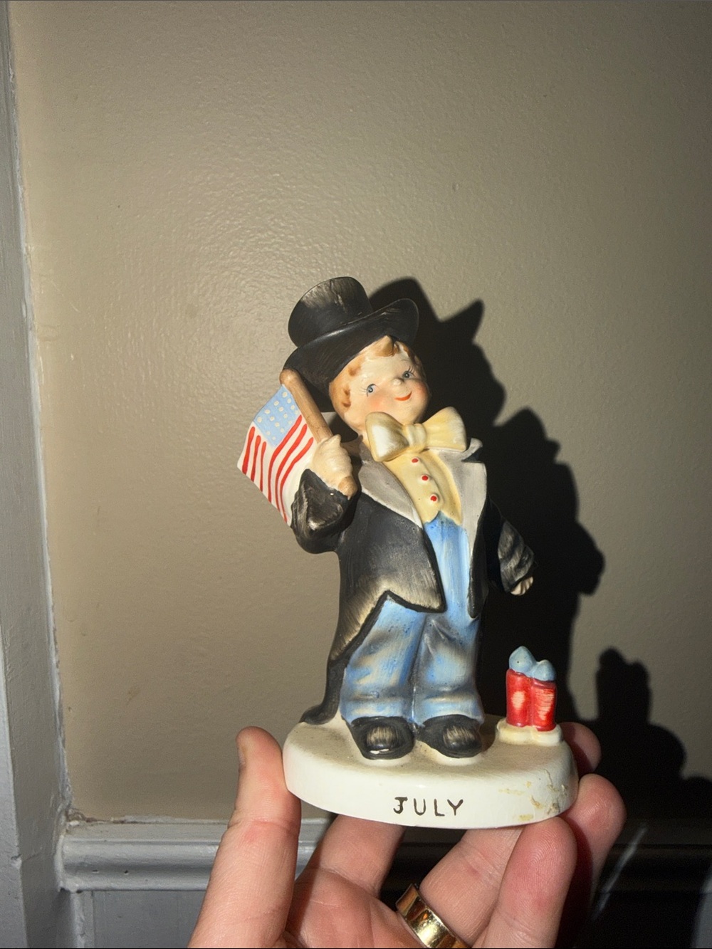 Vintage Lefton July Birthday Boy w/Flag & Fireworks Figurine 2300 With Label